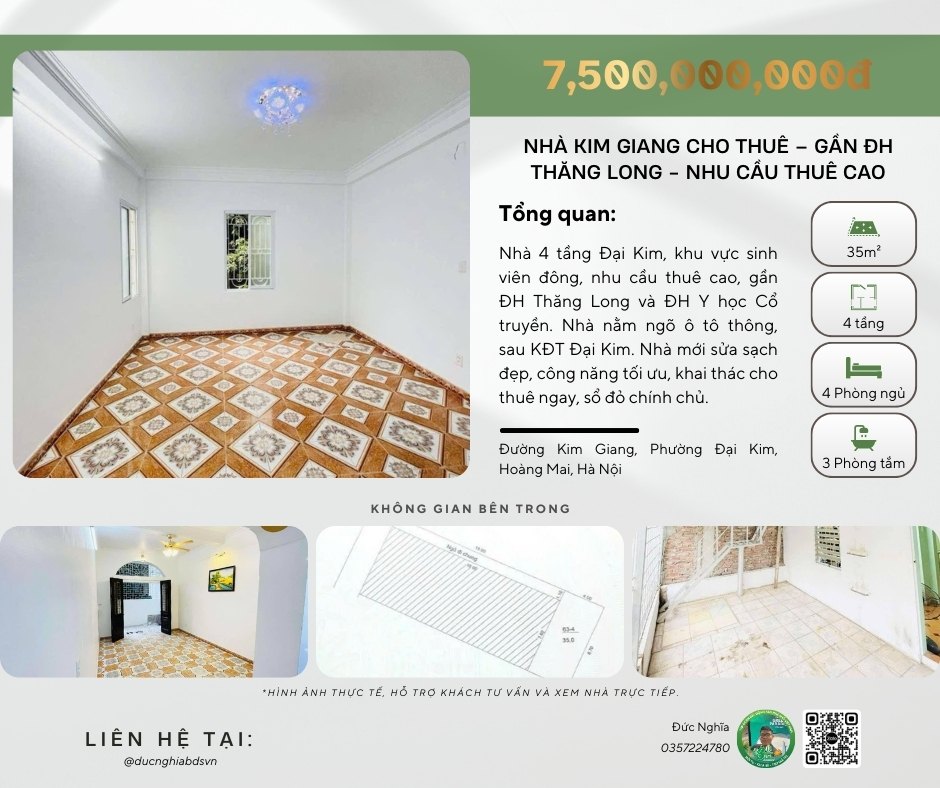 NHÀ KIM GIANG CHO THUÊ – GẦN ĐH THĂNG LONG - NHU CẦU THUÊ CAO