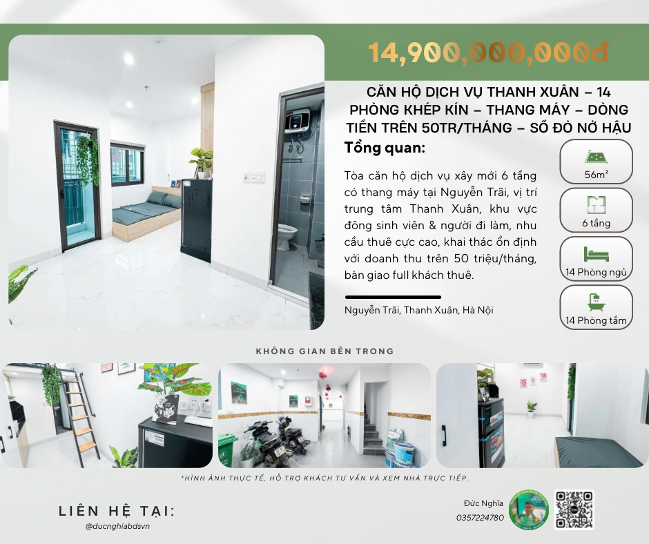 CĂN HỘ DỊCH VỤ THANH XUÂN – 14 PHÒNG KHÉP KÍN – THANG MÁY – DÒNG TIỀN 70TR/THÁNG – SỔ ĐỎ NỞ HẬU