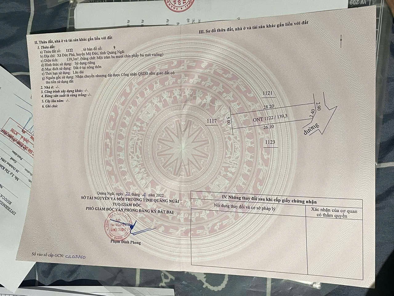 ĐẤT ĐẸP- GIÁ TỐT- CẦN BÁN NHANH LÔ ĐẤT ĐẸP Tại xã đức phú, mộ Đức, Quảng ngãi