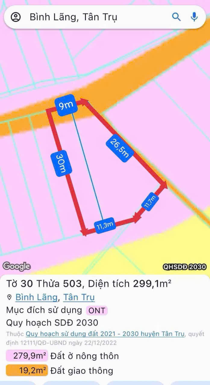 Bán đất thổ cư 2 mt đường Nguyễn Văn Dư , xã Bình lãng , Tân Trụ dt 450m2 giá 2,39 tỷ