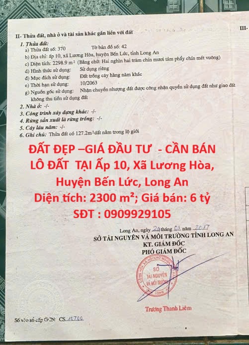 ĐẤT ĐẸP –GIÁ ĐẦU TƯ - CẦN BÁN LÔ ĐẤT TẠI Ấp 10, Xã Lương Hòa, Huyện Bến Lức, Long An