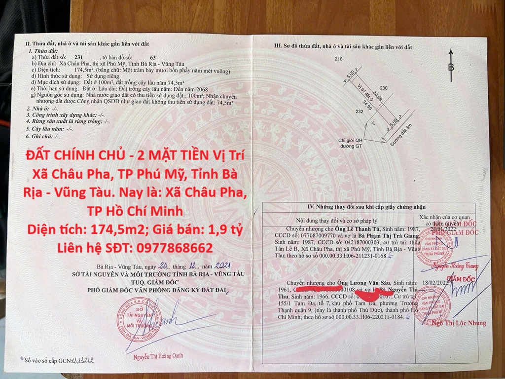 ĐẤT CHÍNH CHỦ - 2 MẶT TIỀN Vị Trí Xã Châu Pha, TP Phú Mỹ, Tỉnh Bà Rịa - Vũng Tàu