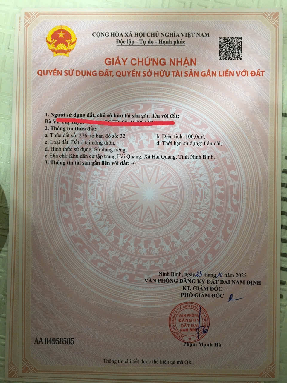 Bán 2 Lô đất 100m2/ lô (mặt tiền 5m) Thuộc Khu Dân cư Tập Trung Hải Quang – Xã Hải Quang – Ninh Bình.