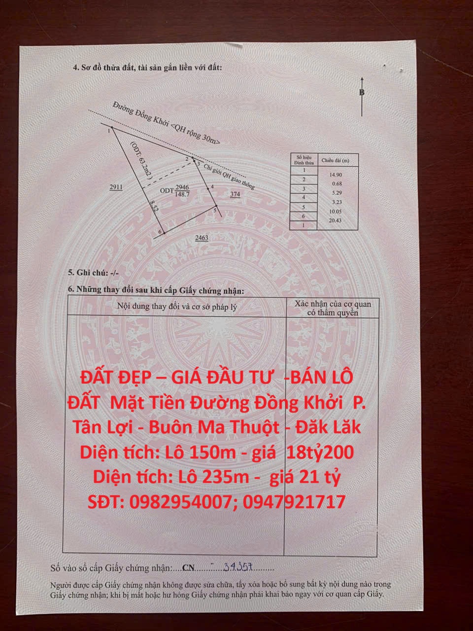 ĐẤT ĐẸP – GIÁ ĐẦU TƯ -BÁN LÔ ĐẤT Mặt Tiền Đường Đồng Khởi P. Tân Lợi - Buôn Ma Thuột - Đăk Lăk