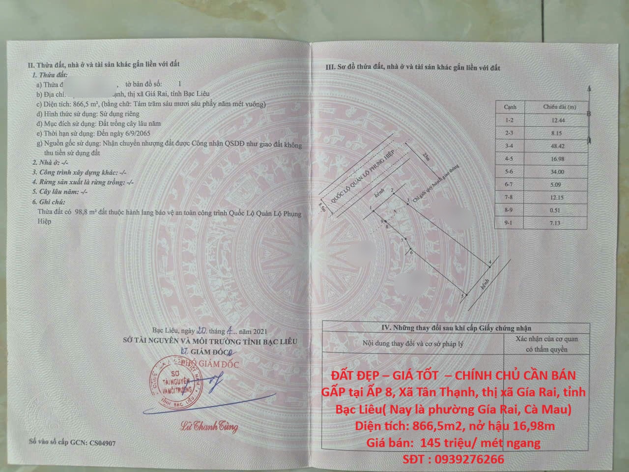 ĐẤT ĐẸP – GIÁ TỐT – CHÍNH CHỦ CẦN BÁN GẤP tại Xã Tân Thạnh, thị xã Gía Rai, tỉnh Bạc Liêu