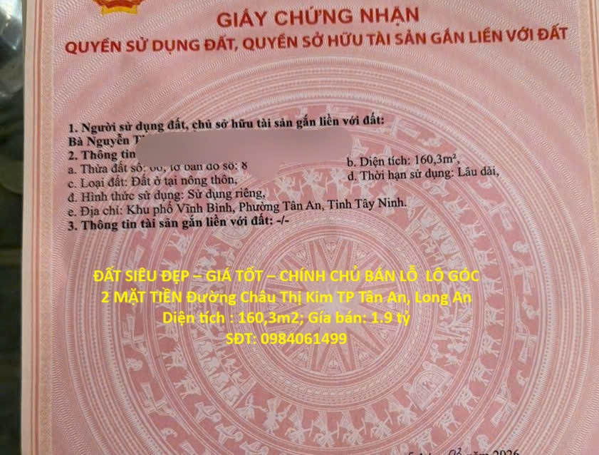 ĐẤT SIÊU ĐẸP – GIÁ TỐT – CHÍNH CHỦ BÁN LỖ LÔ GÓC 2 MẶT TIỀN Đường Châu Thị Kim TP Tân An, Long An