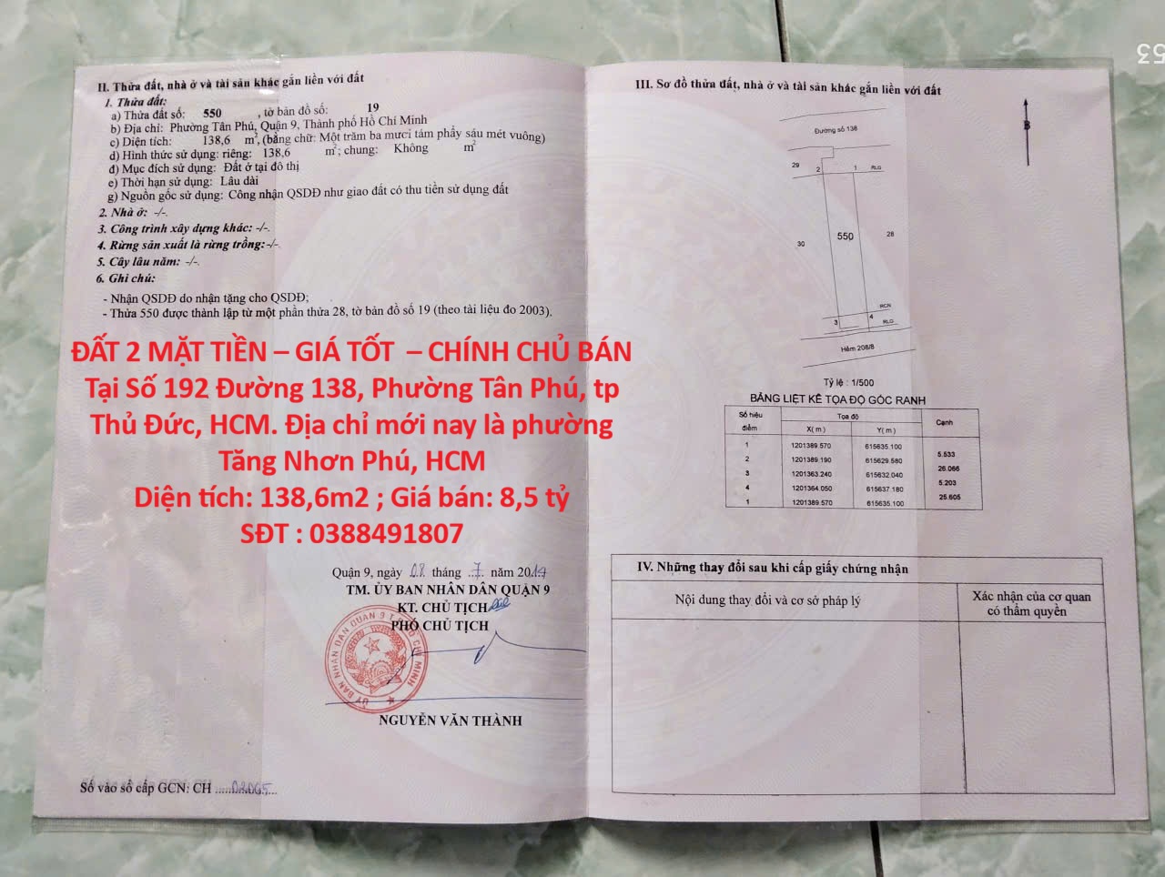 ĐẤT 2 MẶT TIỀN – GIÁ TỐT – CHÍNH CHỦ BÁN Tại Số 192 Đường 138, Phường Tân Phú, tp Thủ Đức, HCM