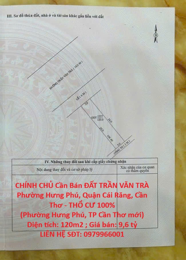 CHÍNH CHỦ Cần Bán ĐẤT TRẦN VĂN TRÀ Phường Hưng Phú, Quận Cái Răng, Cần Thơ - THỔ CƯ 100%