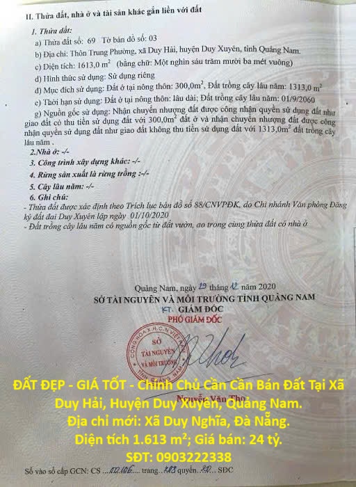 ĐẤT ĐẸP - GIÁ TỐT - Chính Chủ Cần Cần Bán Đất Tại Xã Duy Hải, Huyện Duy Xuyên, Quảng Nam.