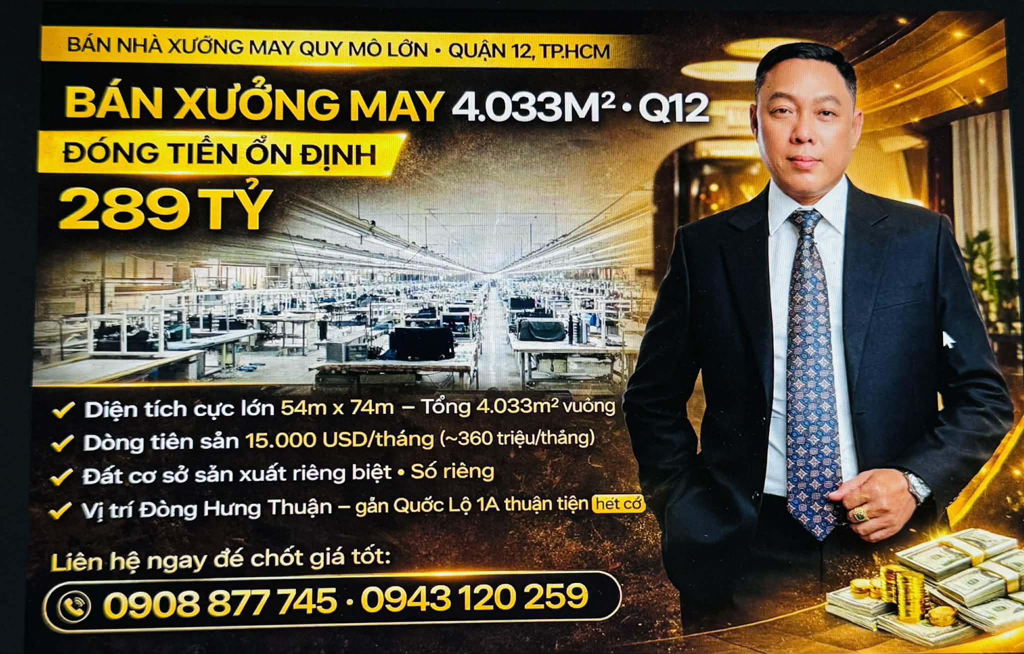 Xưởng May Đông Hưng Thuận Q12 Gần QL1A - 4033m2 Dòng Tiền 360tr/th Chỉ 289 Tỷ