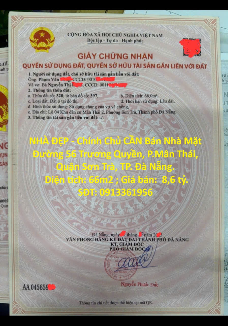 NHÀ ĐẸP - Chính Chủ CẦN Bán Nhà Mặt Đường 56 Trương Quyền, P.Mân Thái, Quận Sơn Trà, TP. Đà Nẵng.