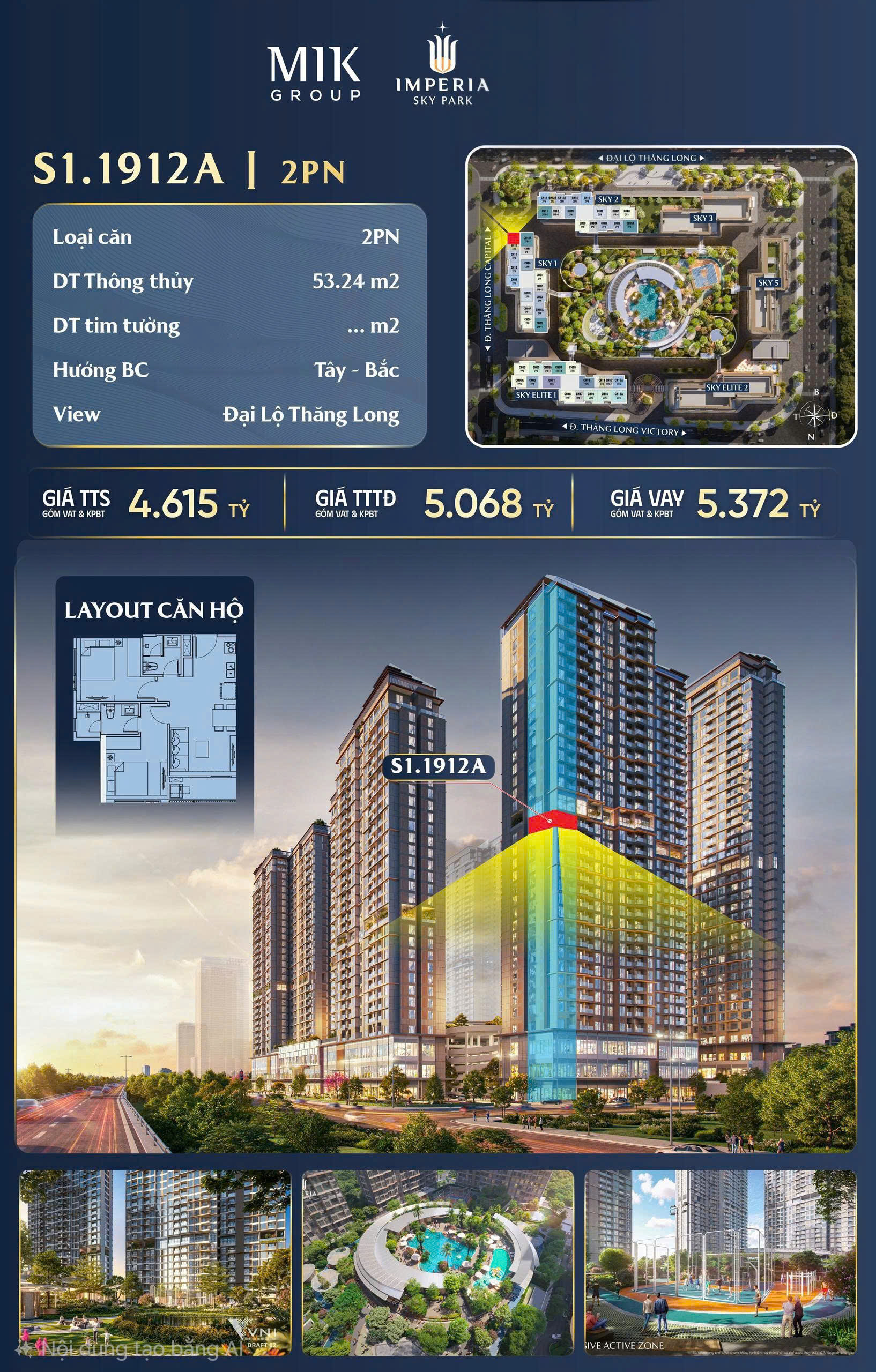Mở bán quỹ căn 2PN chỉ từ 4,6 tỉ/căn - HTLS 0% 29 tháng - nội thất cao cấp tại Imperia Sky Park