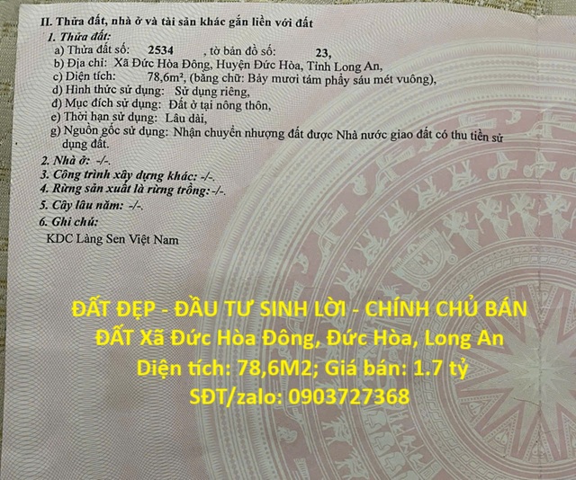 ĐẤT ĐẸP - ĐẦU TƯ SINH LỜI - CHÍNH CHỦ BÁN ĐẤT Xã Đức Hòa Đông, Đức Hòa, Long An