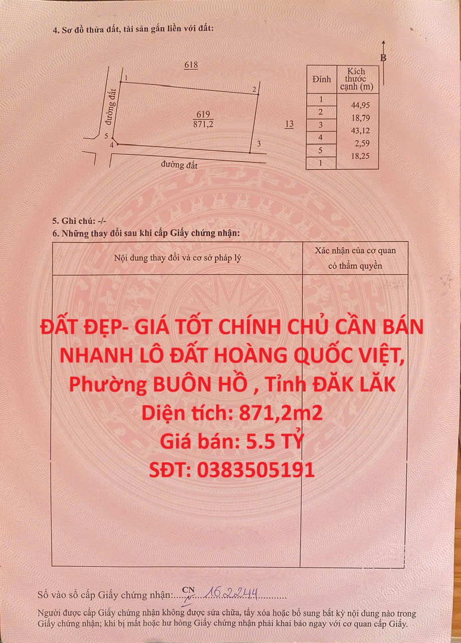 ĐẤT ĐẸP- GIÁ TỐT CHÍNH CHỦ CẦN BÁN NHANH LÔ ĐẤT HOÀNG QUỐC VIỆT, Phường BUÔN HỒ , Tỉnh ĐĂK LĂK