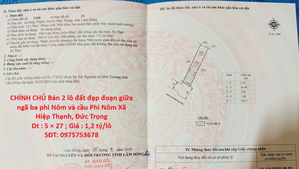 CHÍNH CHỦ Bán 2 lô đất đẹp đoạn giữa ngã ba phi Nôm và cầu Phi Nôm Xã Hiệp Thạnh, Đức Trọng