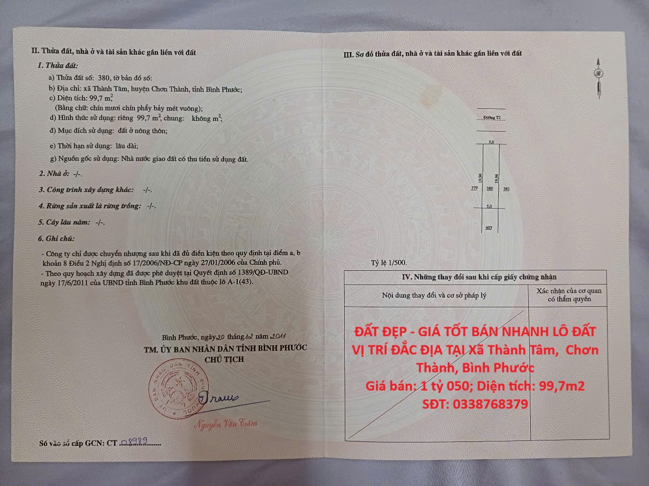 ĐẤT ĐẸP - GIÁ TỐT BÁN NHANH LÔ ĐẤT VỊ TRÍ ĐẮC ĐỊA TẠI Xã Thành Tâm, Chơn Thành, Bình Phước