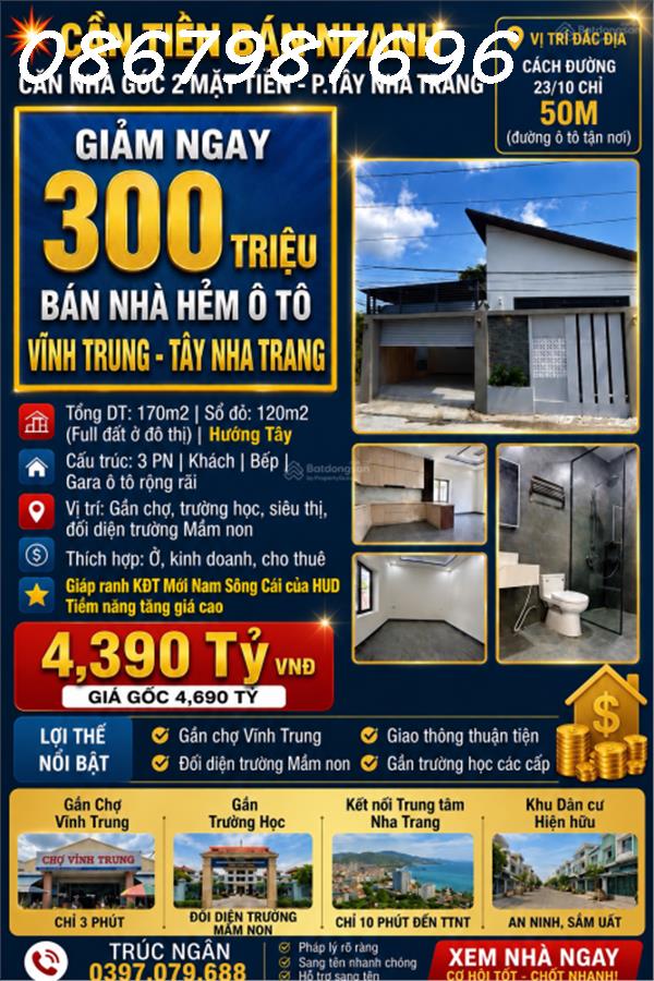 [SIÊU PHẨM CĂN GÓC] NHÀ MỚI ĐẸP ĐỐI DIỆN TRƯỜNG MẦM NON VĨNH TRUNG – TÂY NHA TRANG – ĐẤT 170M² – CÓ GARA Ô TÔ – GIÁ