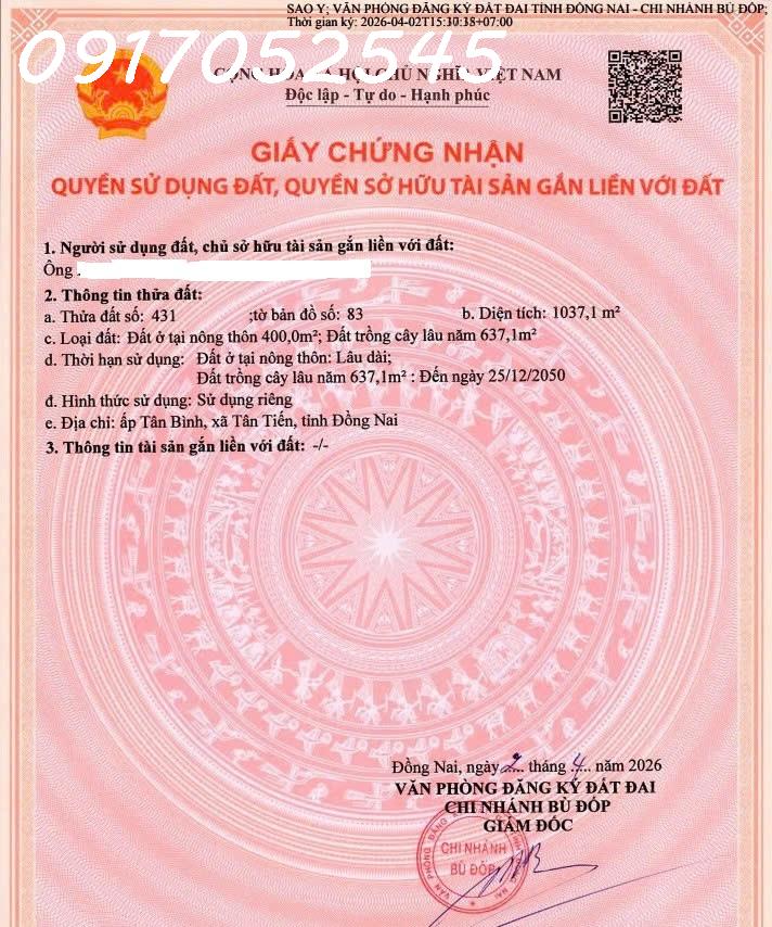 Chính chủ cần bán đất xã Tân Tiến, Bù Đốp, DT 1.037m2, thổ cư sẵn 400m2, giá đầu tư