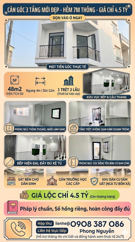 HXH,Hương Lộ 2,Bình Tân, 48m2, 3 tầng, 4x12m, 4pn, nhà mới vào ở ngay