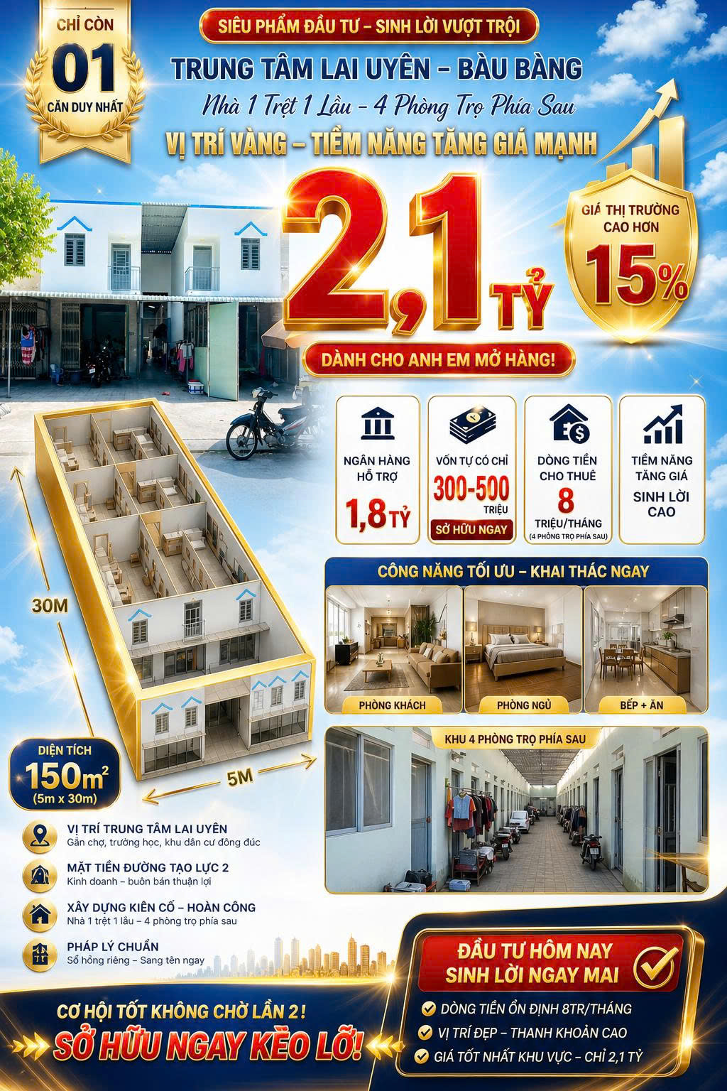 Siêu phẩm mặt phố Tạo Lực 2, Lai Uyên, Bàu Bàng - 150m2, 6PN, Sổ Đỏ chỉ 2.1 Tỷ! Cơ hội vàng có 1-0-2! LH: 0898333313