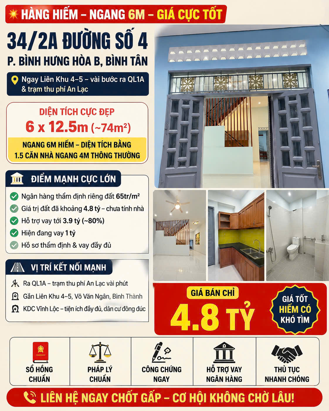 Chính chủ bán gấp nhà 78m2 Liên Khu 4-5 Bình Tân, giá 4.8 tỷ, sổ hồng riêng, hiếm có khó tìm, gọi ngay 0898333313!