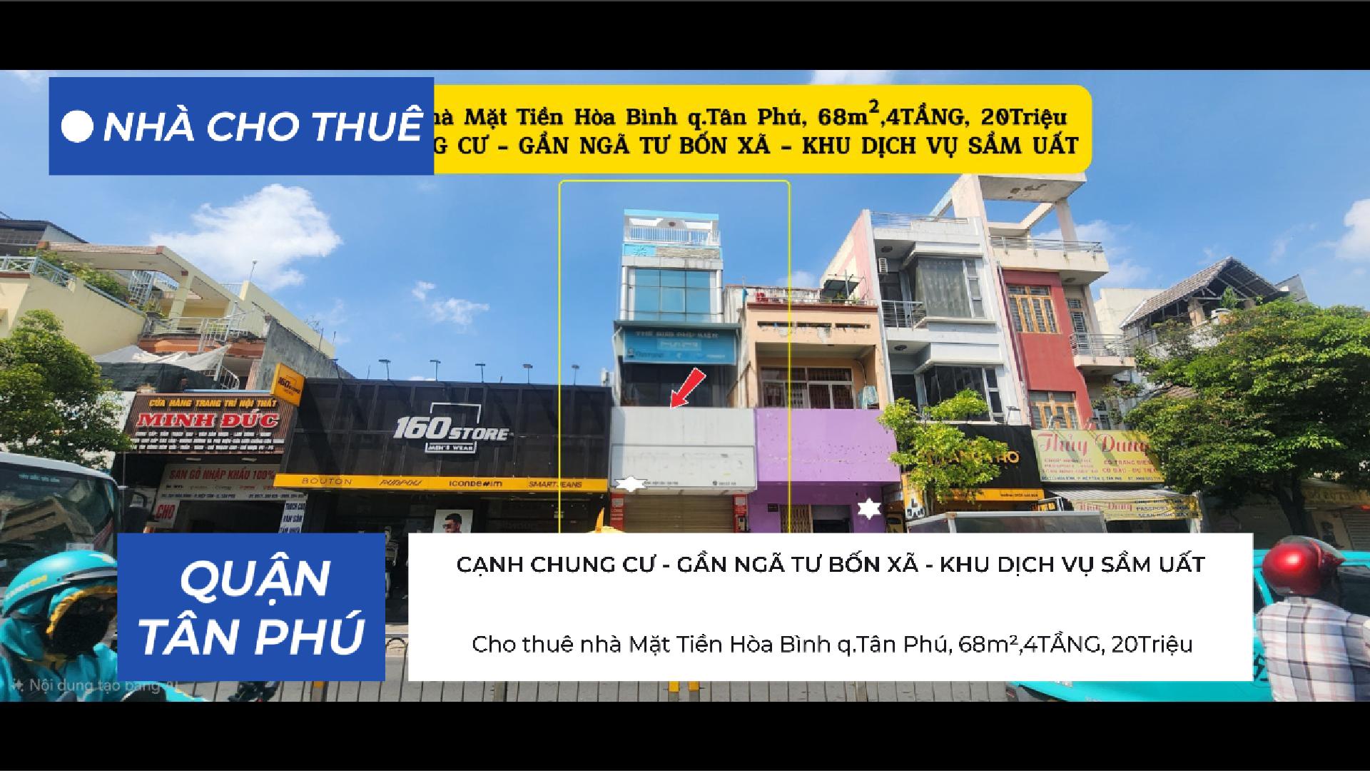 Cho thuê nhà Mặt Tiền Hòa Bình q.Tân Phú, 68m²,4TẦNG, 20Triệu