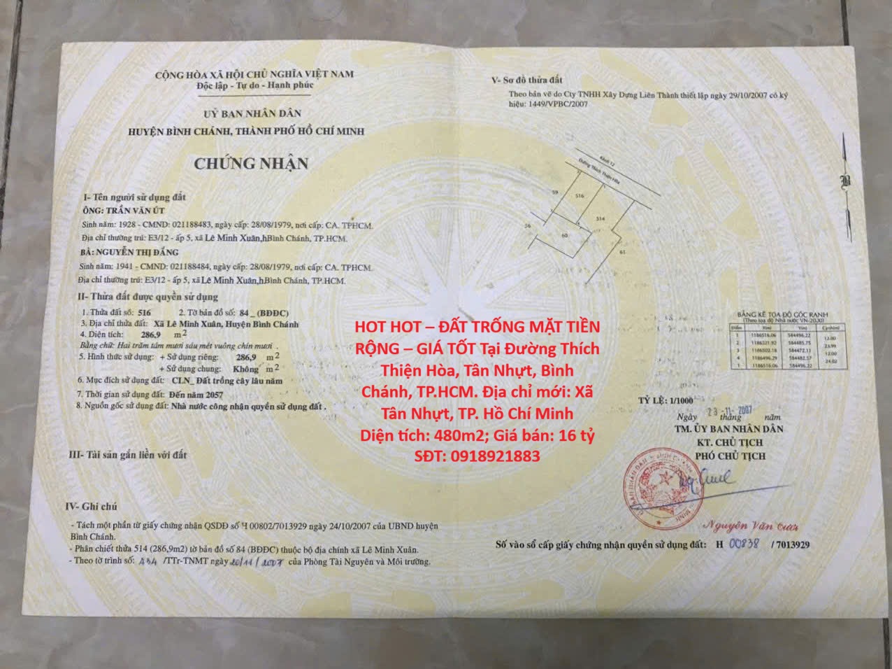 HOT HOT – ĐẤT TRỐNG MẶT TIỀN RỘNG – GIÁ TỐT Tại Đường Thích Thiện Hòa, Tân Nhựt, Bình Chánh, TP.HCM