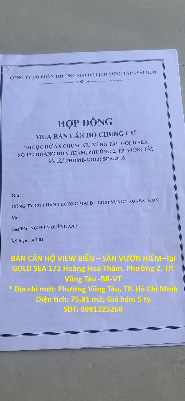 BÁN CĂN HỘ VIEW BIỂN – SÂN VƯỜN HIẾM–Tại GOLD SEA 172 Hoàng Hoa Thám, Phường 2, TP. Vũng Tàu -BR-VT