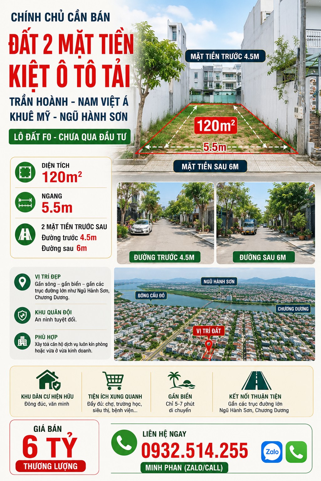 Cần bán Lô đất 2 mặt tiền kiệt 6m - Đường Trần Hoành - Khuê Mỹ - Ngũ Hành Sơn - Diện tích 120m.