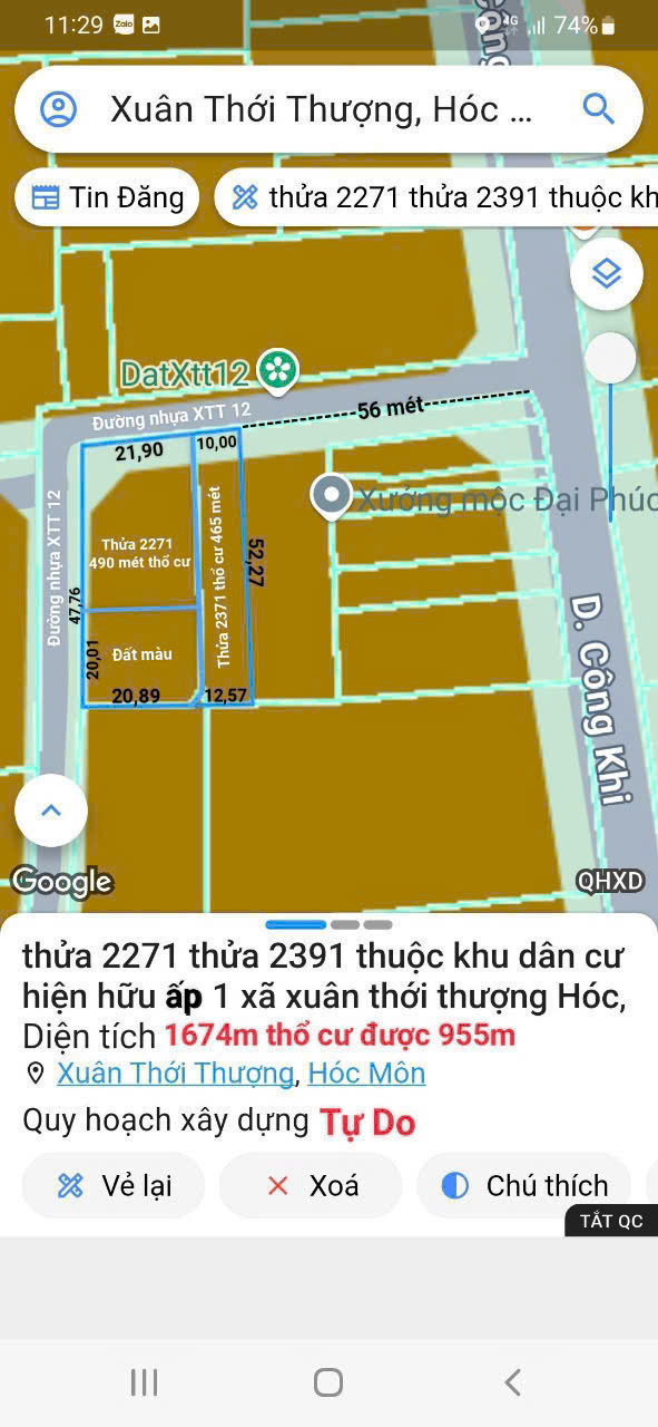 BÁN 1.674M2 ĐẤT 2 MẶT TIỀN NHỰA – XUÂN THỚI THƯỢNG 12 – HÓC MÔN