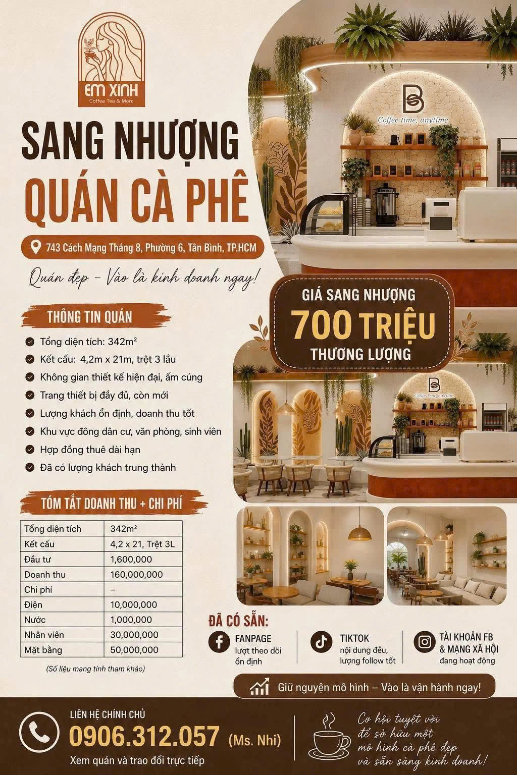 SANG NHƯỢNG QUÁN CÀ PHÊ – VÀO LÀ KINH DOANH NGAY địa chỉ 743 Cách Mạng Tháng 8, Phường 6, Tân Bình, TP.HCM