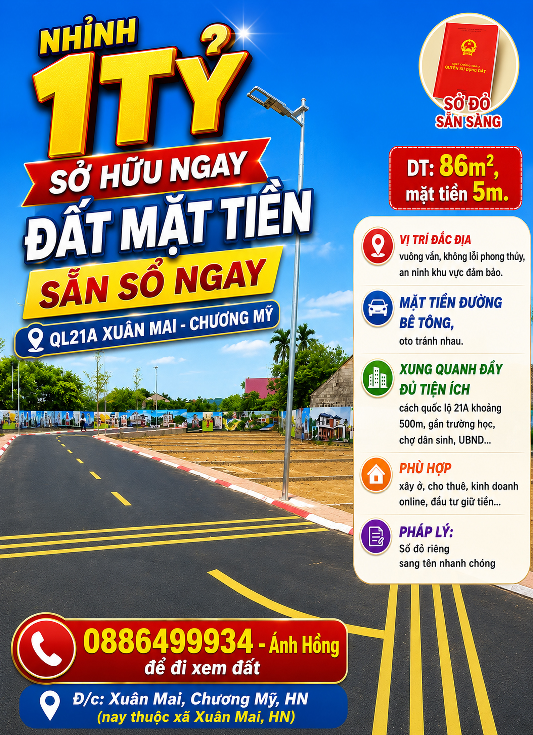 NHỈNH 1TỶ SỞ HỮU NGAY ĐẤT MẶT TIỀN SẴN SỔ NGAY QL21A XUÂN MAI-CHƯƠNG MỸ