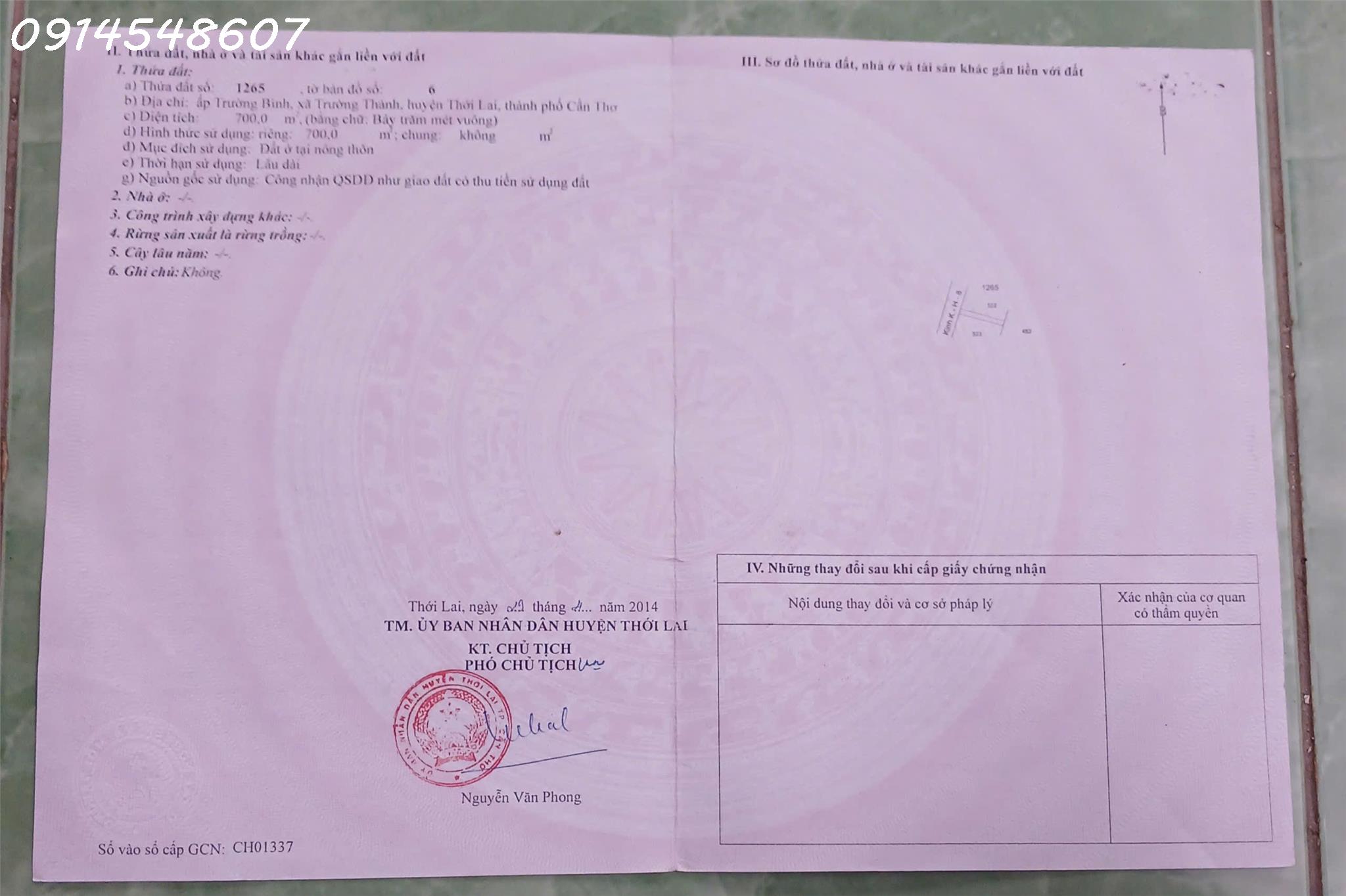 Bán đất sẵn nhà cấp 4 mặt tiền đường bê tông tại Trường Thành, Cần Thơ, DT 700m2, giá TL