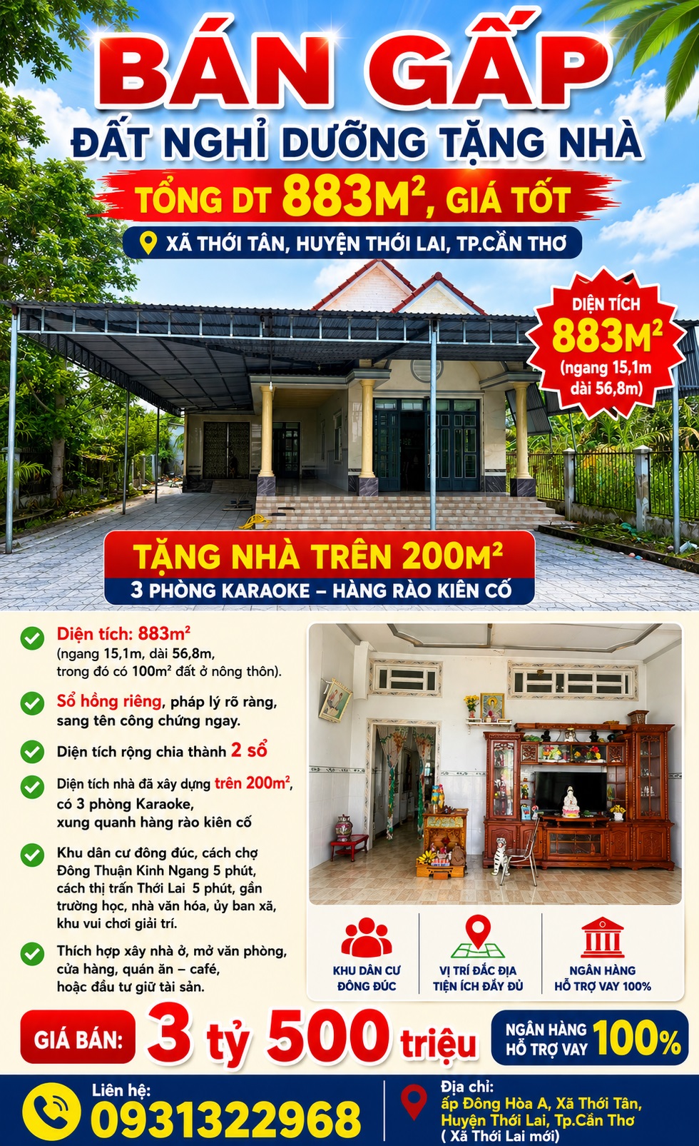 BÁN GẤP ĐẤT NGHỈ DƯỠNG TẶNG NHÀ TỔNG DT 883M2, GIÁ TỐT XÃ THỚI TÂN, HUYỆN THỚI LAI