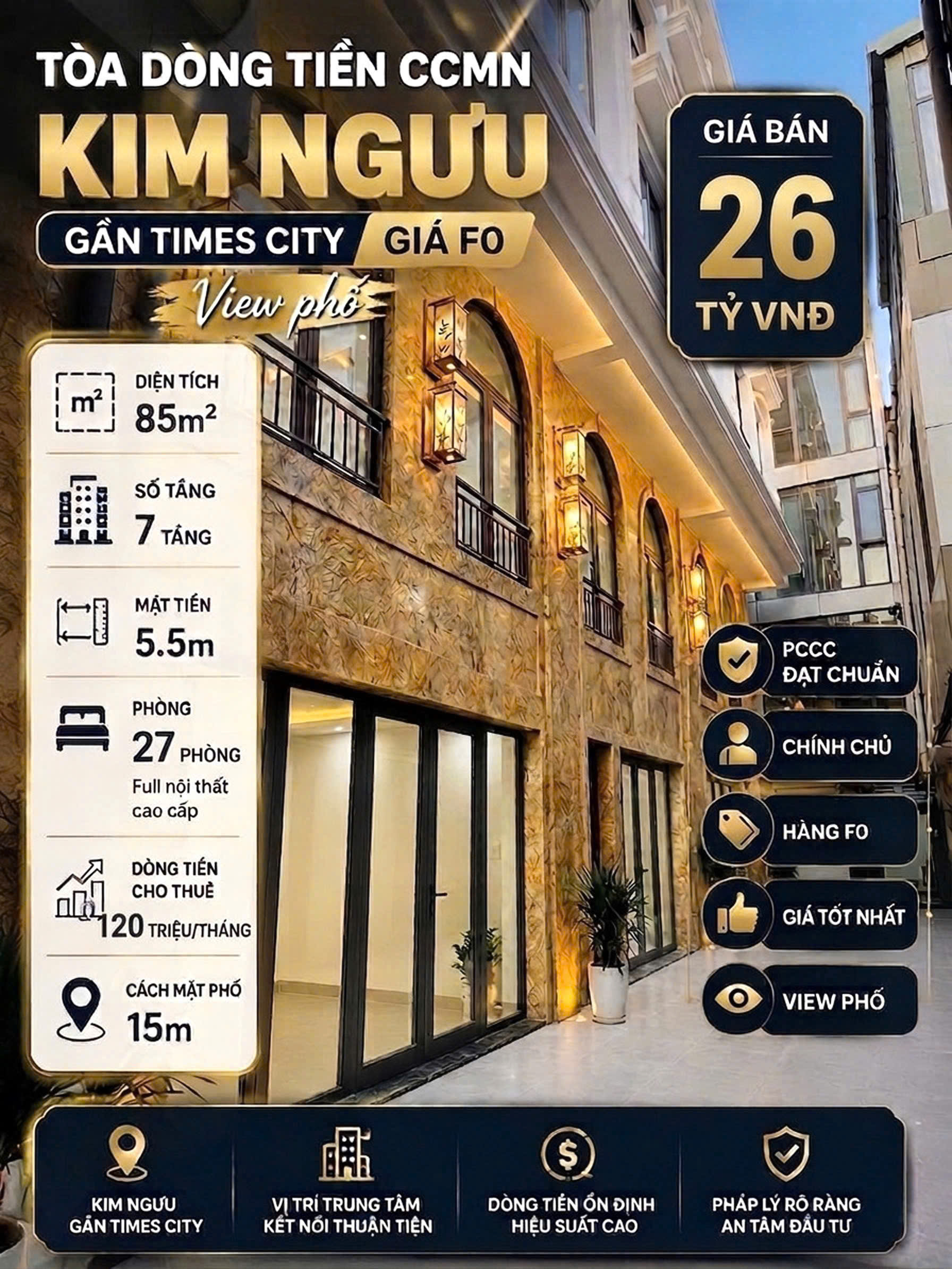 BÁN TÒA NHÀ CHDV ĐƯỜNG MAI ĐỘNG. 85M2 - 7 TẦNG. THANG MÁY. 27 PHÒNG KK.