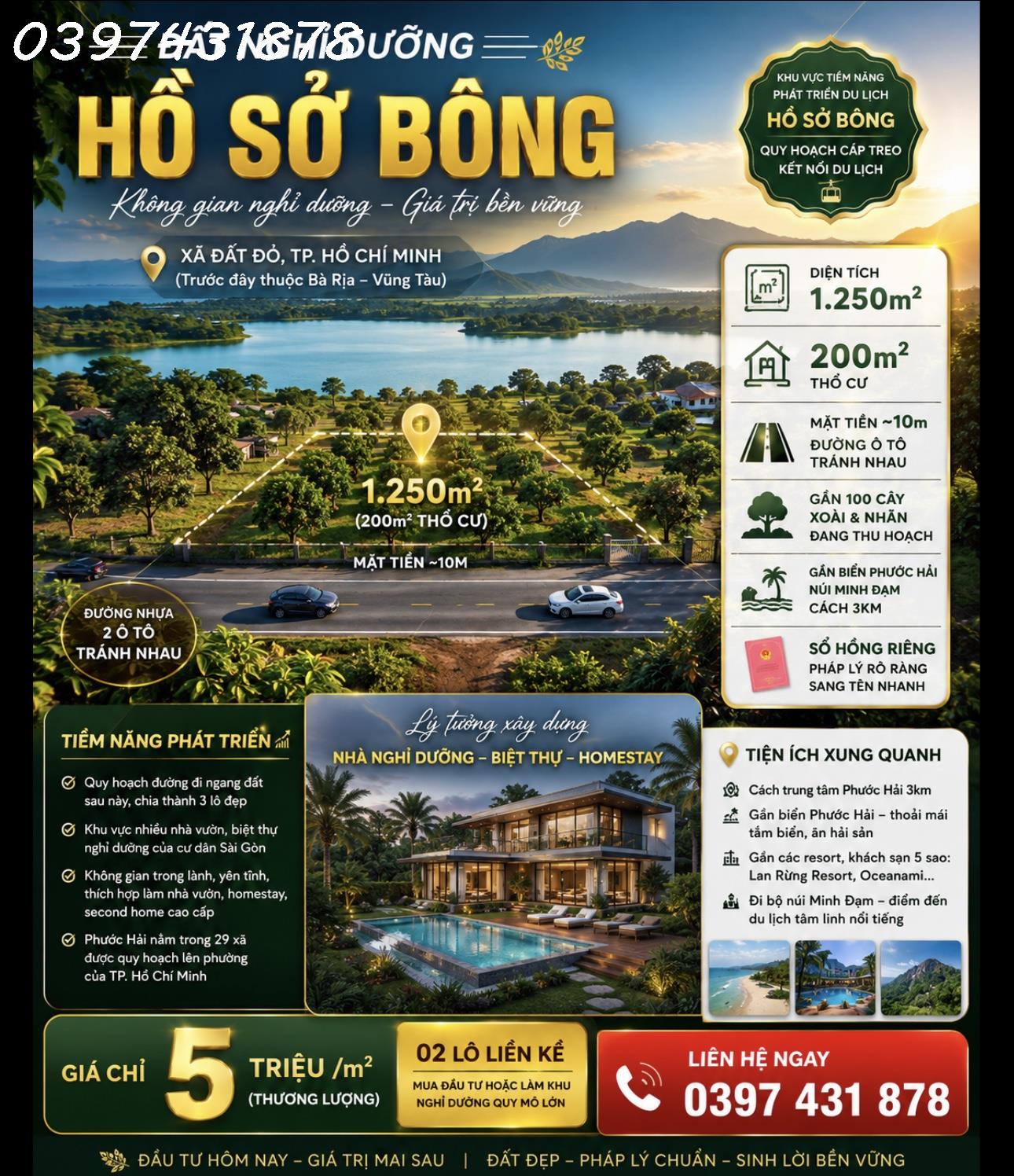 Bán đất nghỉ dưỡng Hồ Sở Bông, Long Mỹ, Bà Rịa Vũng Tàu, DT 1250 m2, giá đầu tư