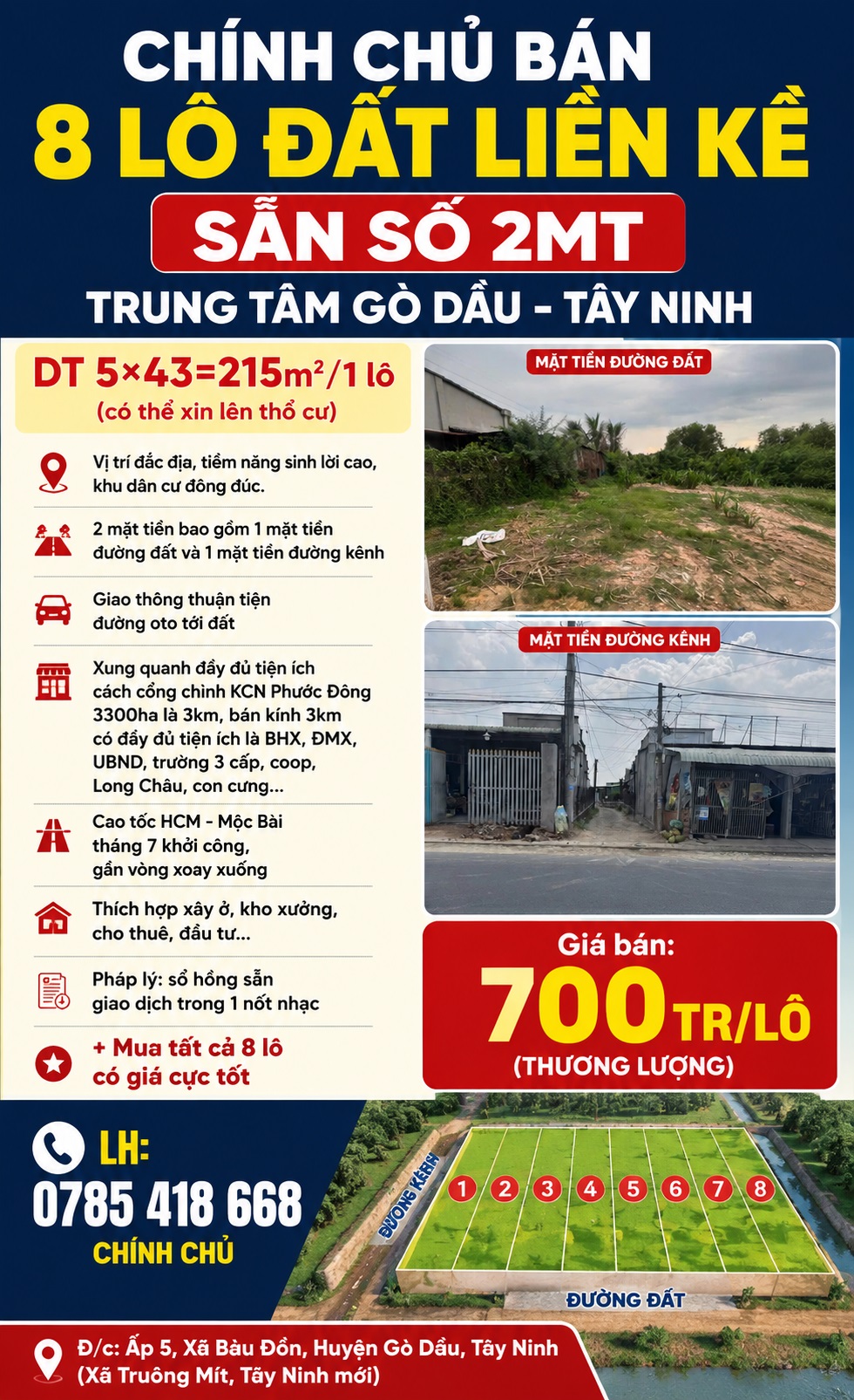 CHÍNH CHỦ BÁN 8 LÔ ĐẤT LIỀN KỀ SẴN SỔ 2MT TRUNG TÂM GÒ DẦU-TÂY NINH