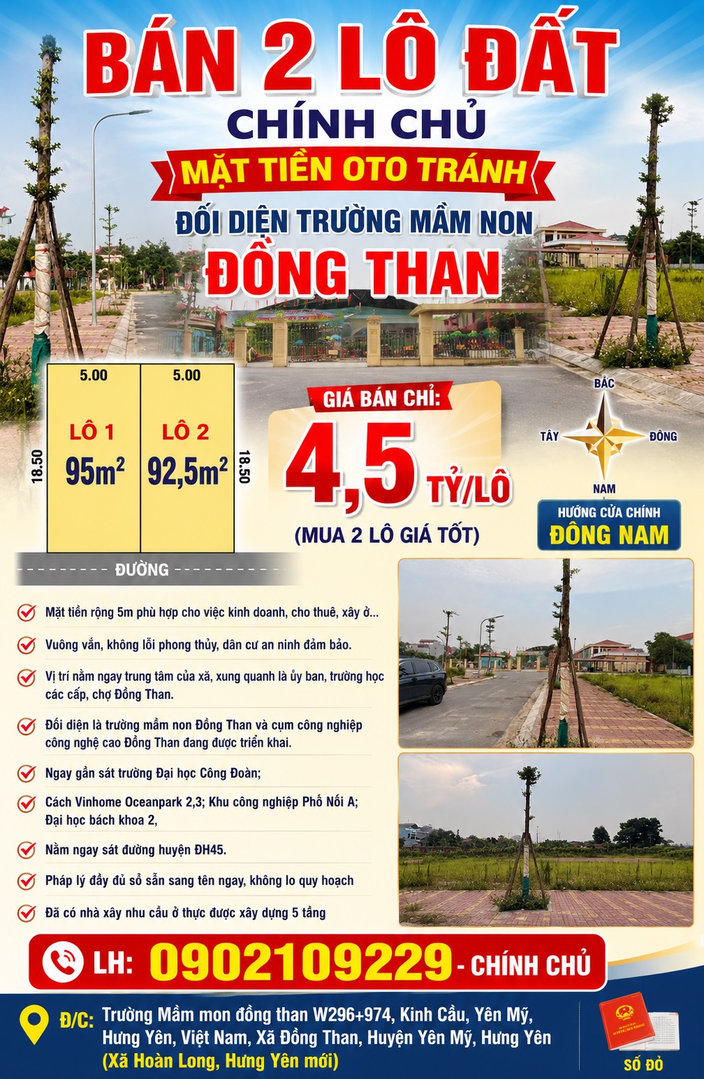 BÁN 2 LÔ ĐẤT CHÍNH CHỦ MẶT TIỀN OTO TRÁNH ĐỐI DIỆN TRƯỜNG MẦM NON ĐỒNG THAN