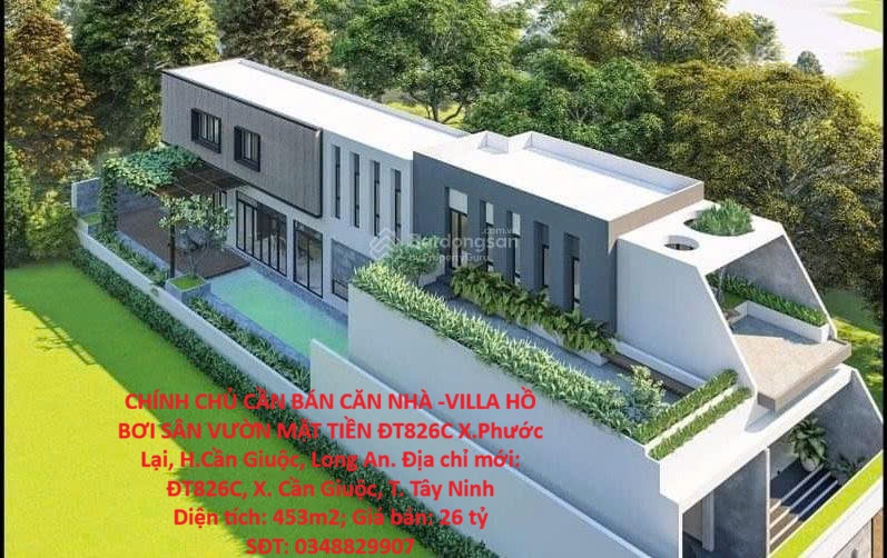 CHÍNH CHỦ CẦN BÁN CĂN NHÀ -VILLA HỒ BƠI SÂN VƯỜN MẶT TIỀN ĐT826C X.Phước Lại, H.Cần Giuộc, Long An