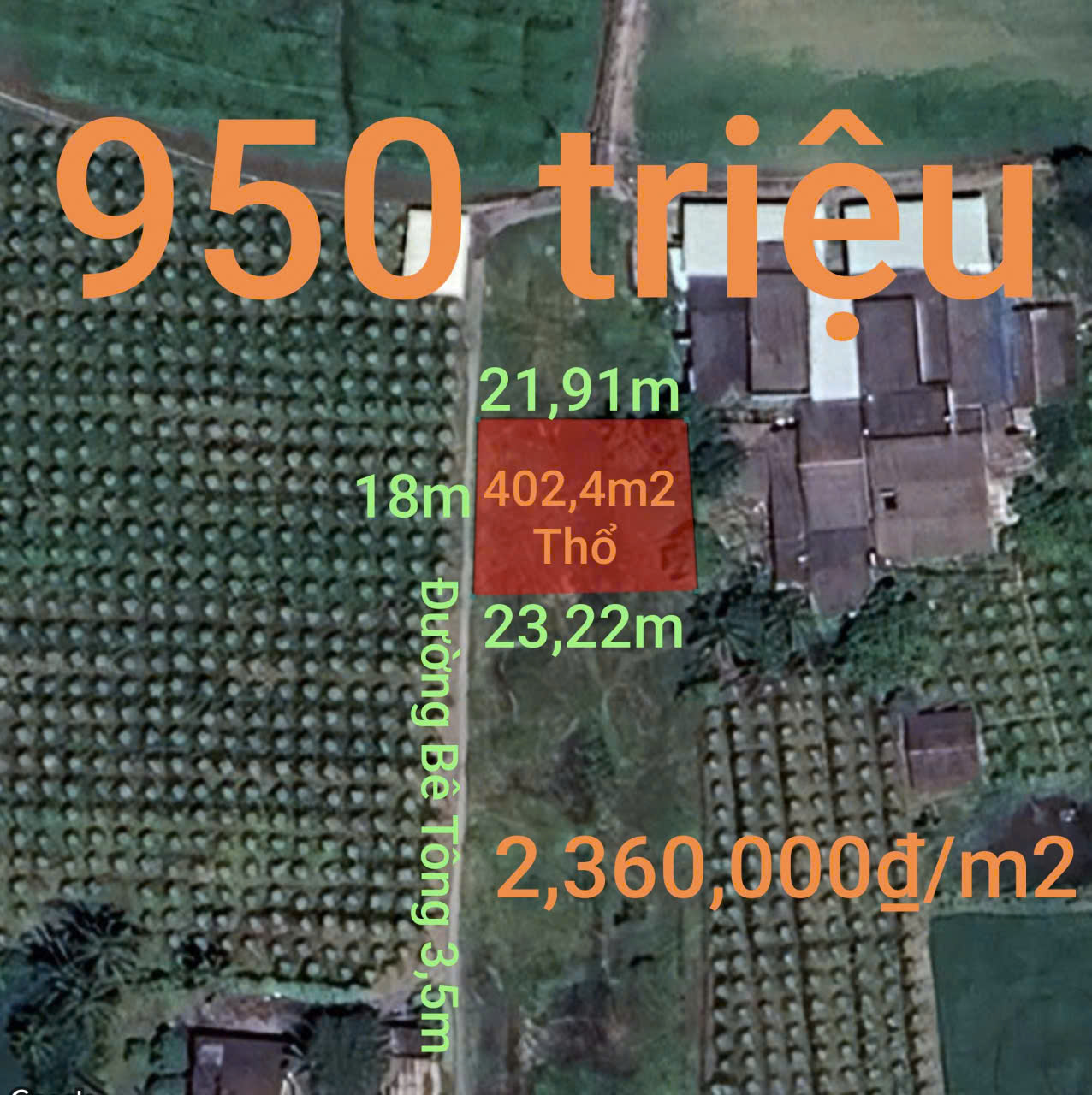 Bán lô đất thổ gần KCN Phú Ngãi Trị giá 950 triệu