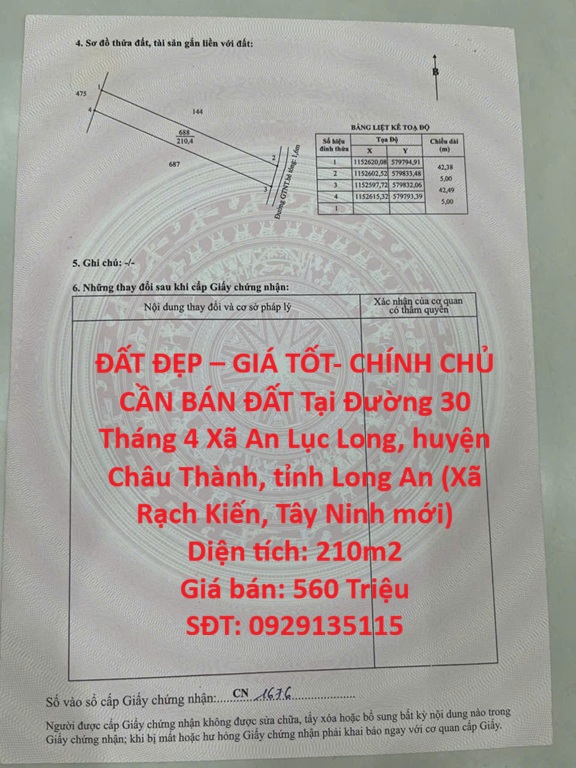 ĐẤT ĐẸP – GIÁ TỐT- CHÍNH CHỦ CẦN BÁN ĐẤT Tại Xã An Lục Long, Huyện Châu Thành, Long An