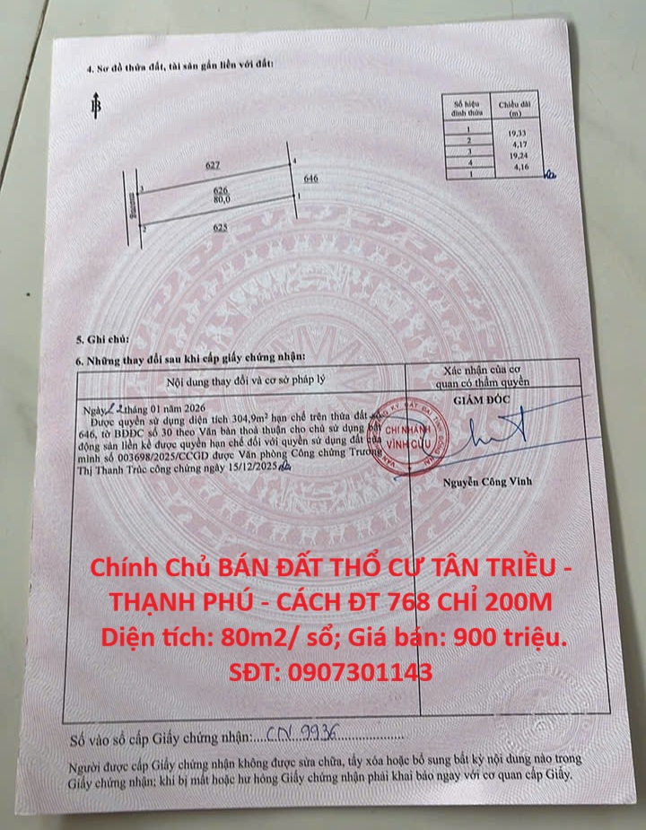 Chính Chủ BÁN ĐẤT THỔ CƯ TÂN TRIỀU - THẠNH PHÚ - CÁCH ĐT 768 CHỈ 200M