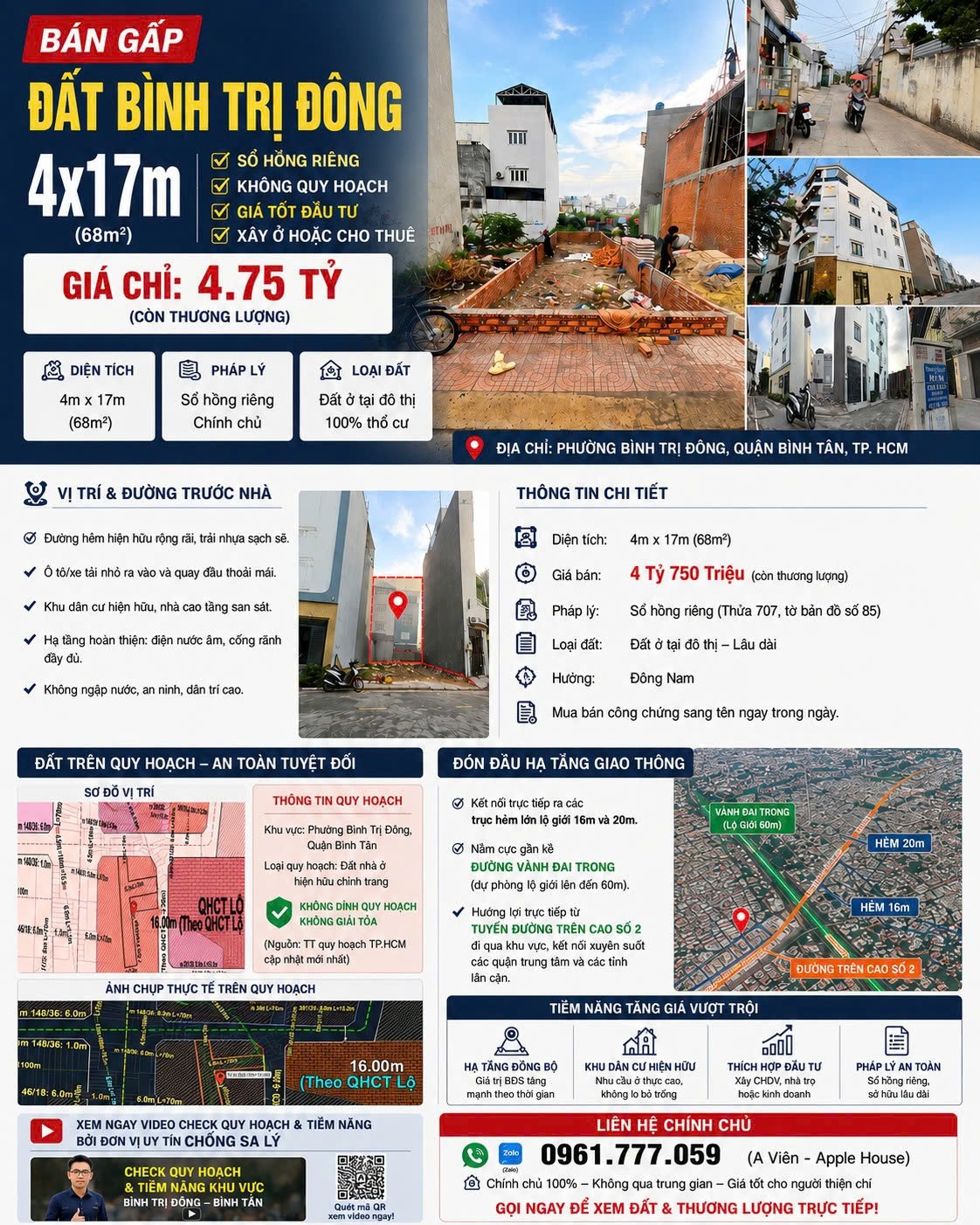 ĐẤT ĐẸP- GIÁ TỐT BÁN NHANH LÔ ĐẤT VỊ TRÍ ĐẮC ĐỊA tại Đường Chiến Lược, Phường Bình Trị Đông, Bình Tân