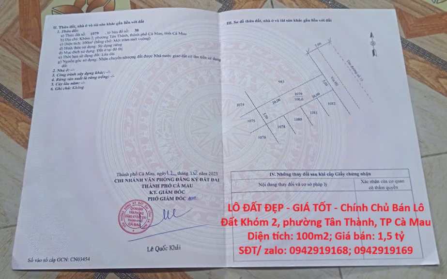LÔ ĐẤT ĐẸP - GIÁ TỐT - Chính Chủ Bán Lô Đất Khóm 2, phường Tân Thành, TP Cà Mau