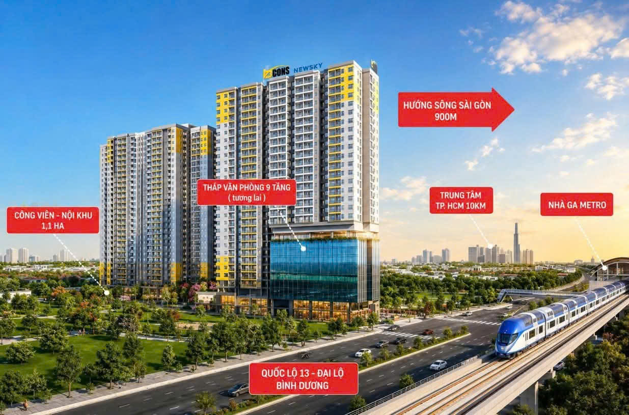 Chỉ 295 triệu sở hữu căn hộ 2PN Bcons NewSky, view sông 4 mặt, giá gốc 2,7 tỷ, tiện ích đẳng cấp
