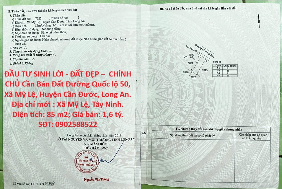 ĐẦU TƯ SINH LỜI - ĐẤT ĐẸP – CHÍNH CHỦ Cần Bán Đất Đường Quốc lộ 50, Xã Mỹ Lệ, Huyện Cần Đước, Long An.
