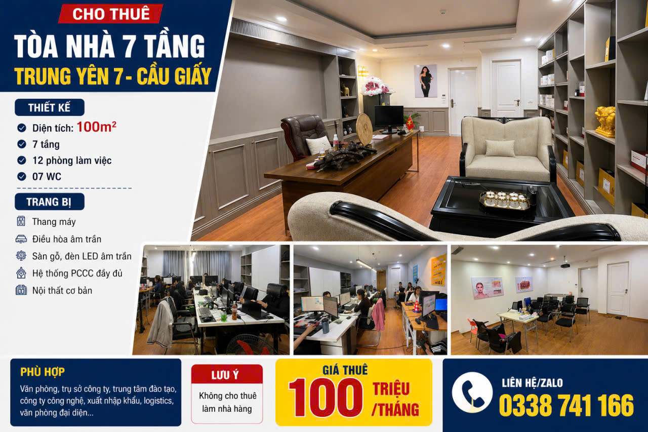 CHO THUÊ TÒA NHÀ 7 TẦNG THANG MÁY – TRUNG YÊN 7, KĐT YÊN HÒA, CẦU GIẤY.