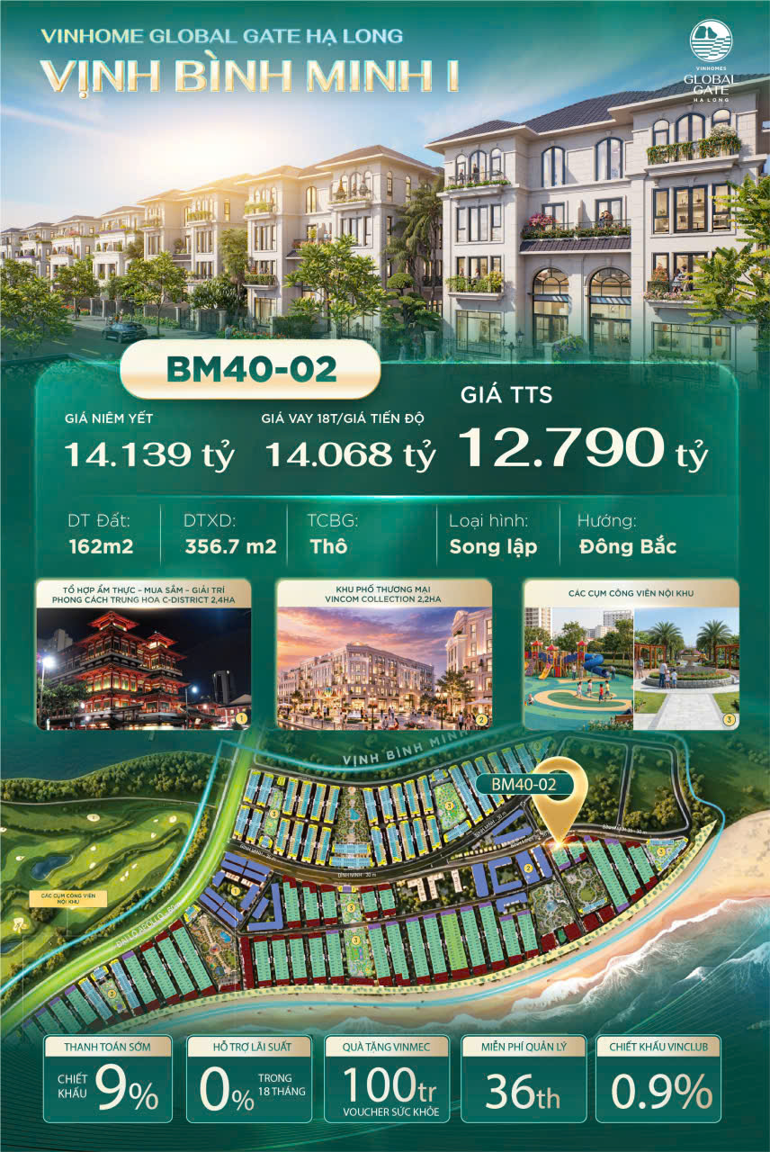 Bán biệt thự song lập 162m2 mặt tiền 9m giá đất chỉ từ 60 triệu/m2 trong khu đô thị Vinhomes Global gate Hạ Long