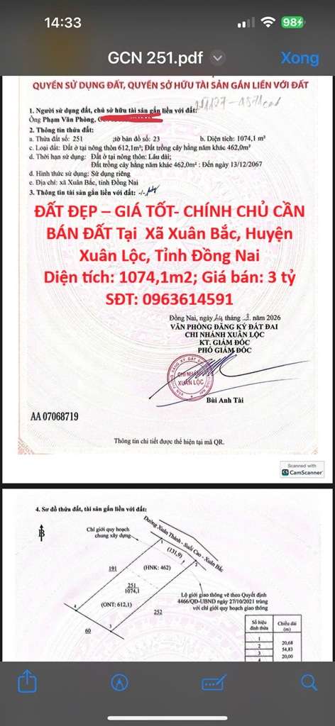 ĐẤT ĐẸP – GIÁ TỐT- CHÍNH CHỦ CẦN BÁN ĐẤT Tại Xã Xuân Bắc, Huyện Xuân Lộc, Tỉnh Đồng Nai