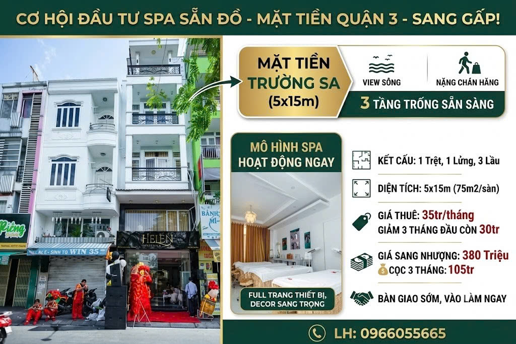 Vì việc gia đình không thể tiếp tục quản lý SANG GẤP SPA FULL NỘI THẤT & MÁY MÓC – VÀO KINH DOANH NGAY TẠI TRƯỜNG SA,